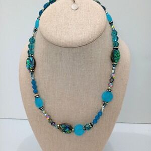 Lori Frantz Koenig Beaded Necklace Blue Abalone Crystal 18"